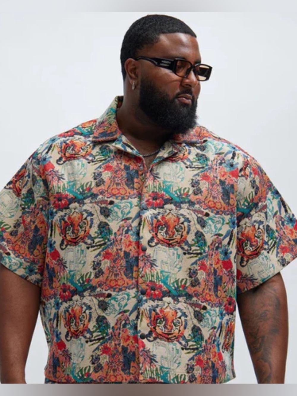 Fashion Nova Beige Multicolor Tiger Print Short Sleeve Button Down Shirt